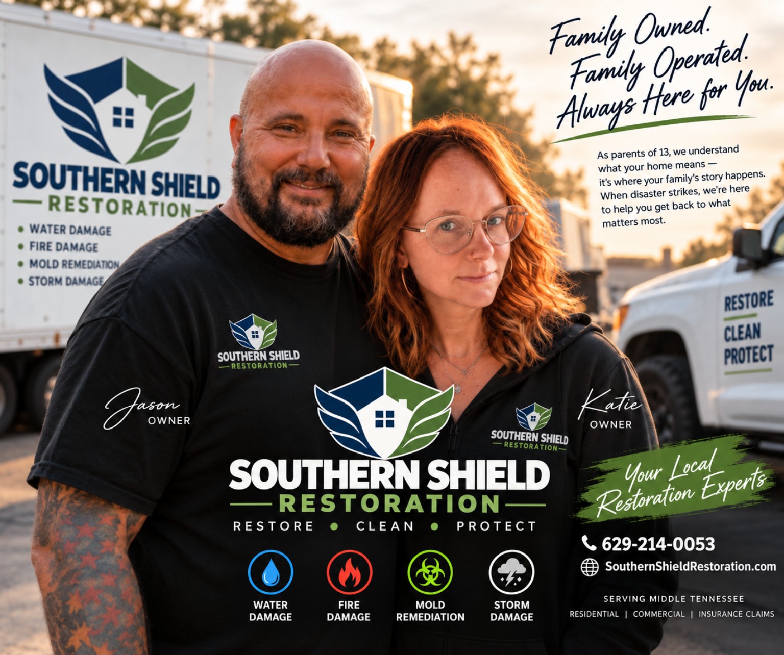 Jason and Katie Pelcha, owners of Southern Shield Restoration, in a branded family business portrait