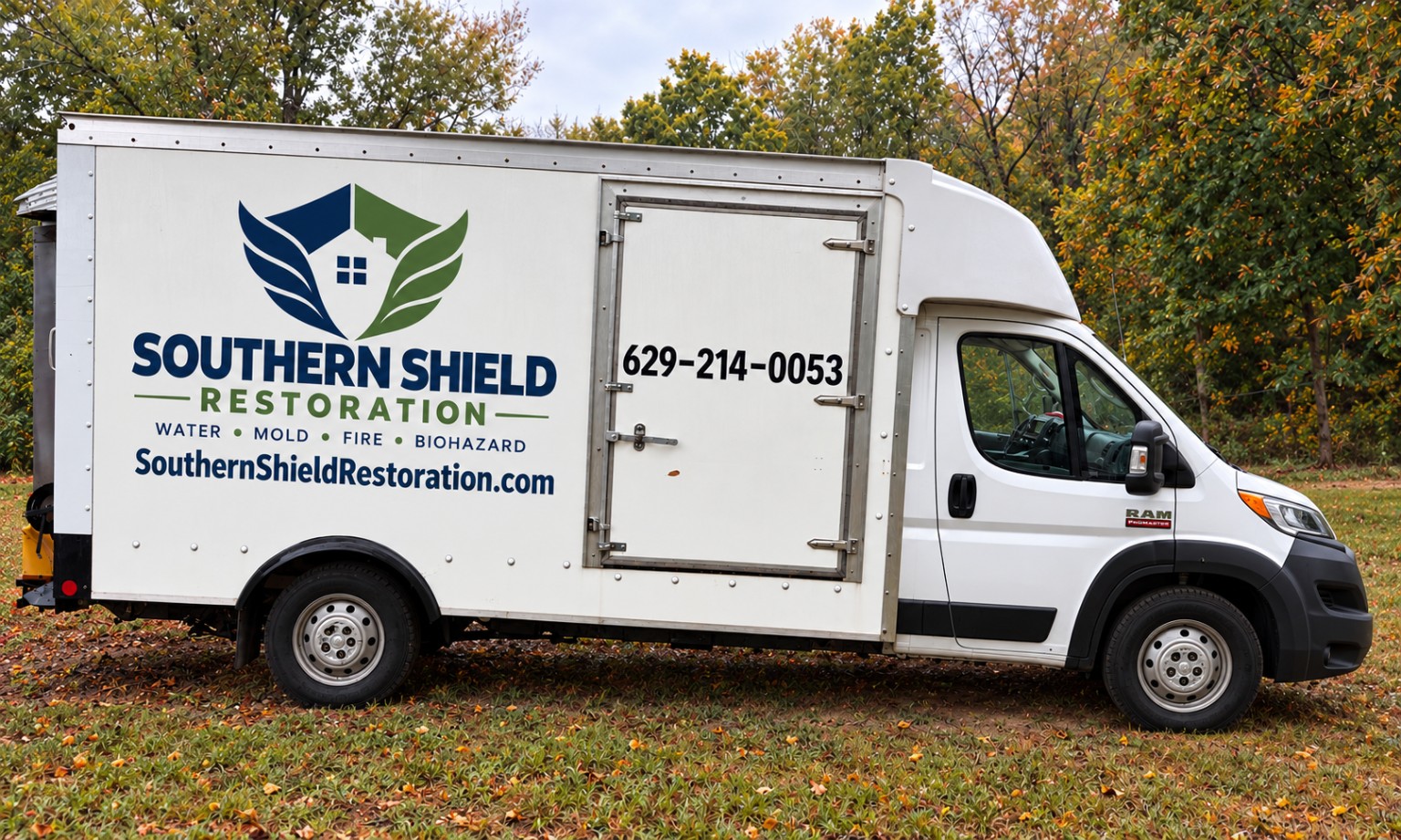 Southern Shield Restoration branding concept on a white Ram ProMaster box truck, with phone number 629-214-0053 and SouthernShieldRestoration.com