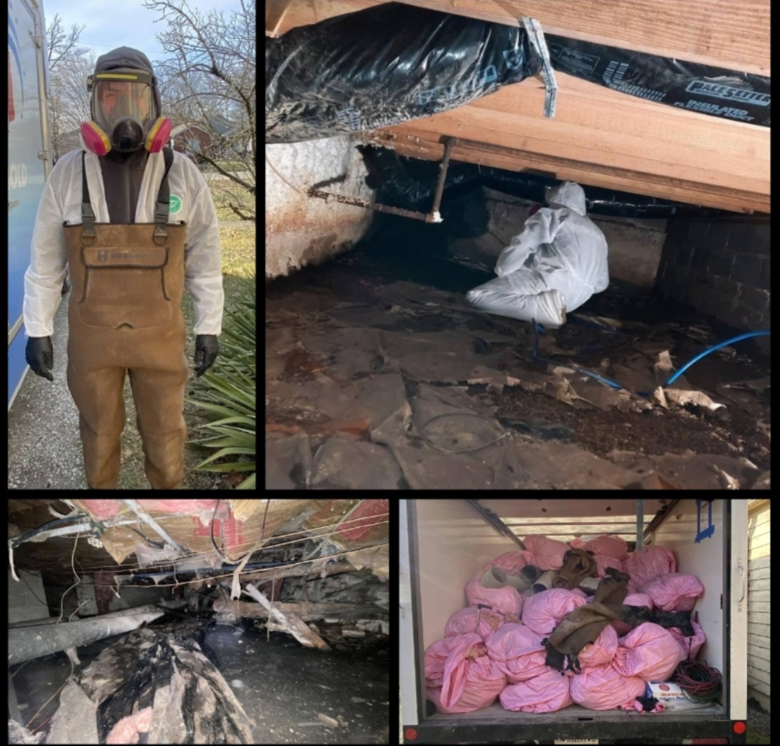 White House, Tennessee crawlspace cleanup collage showing a worker in protective equipment, work beneath a home, crawlspace debris, and removed insulation loaded in a trailer